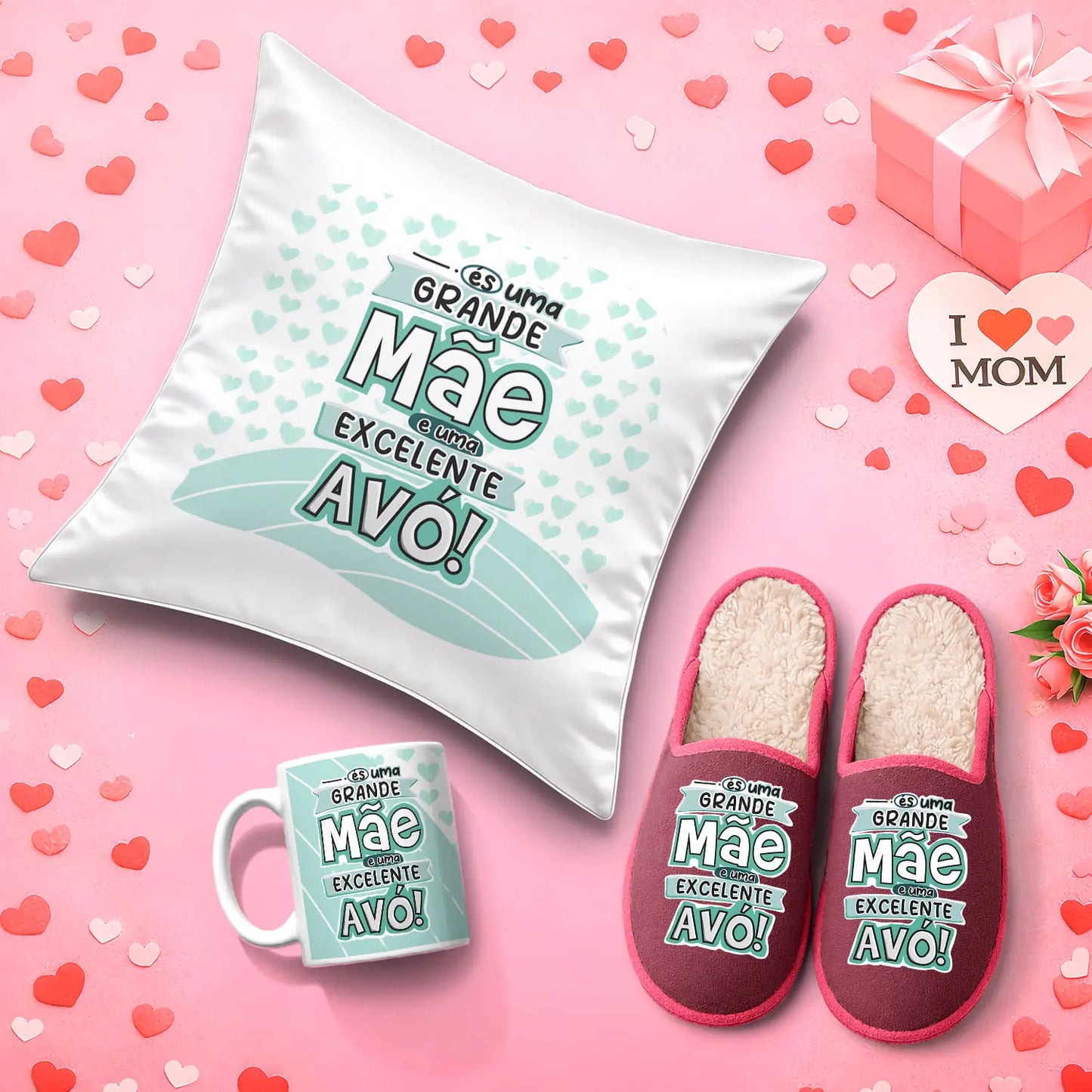 Conjunto Almofada + Chinelos + Caneca "Grande Mãe - Excelente Avó"