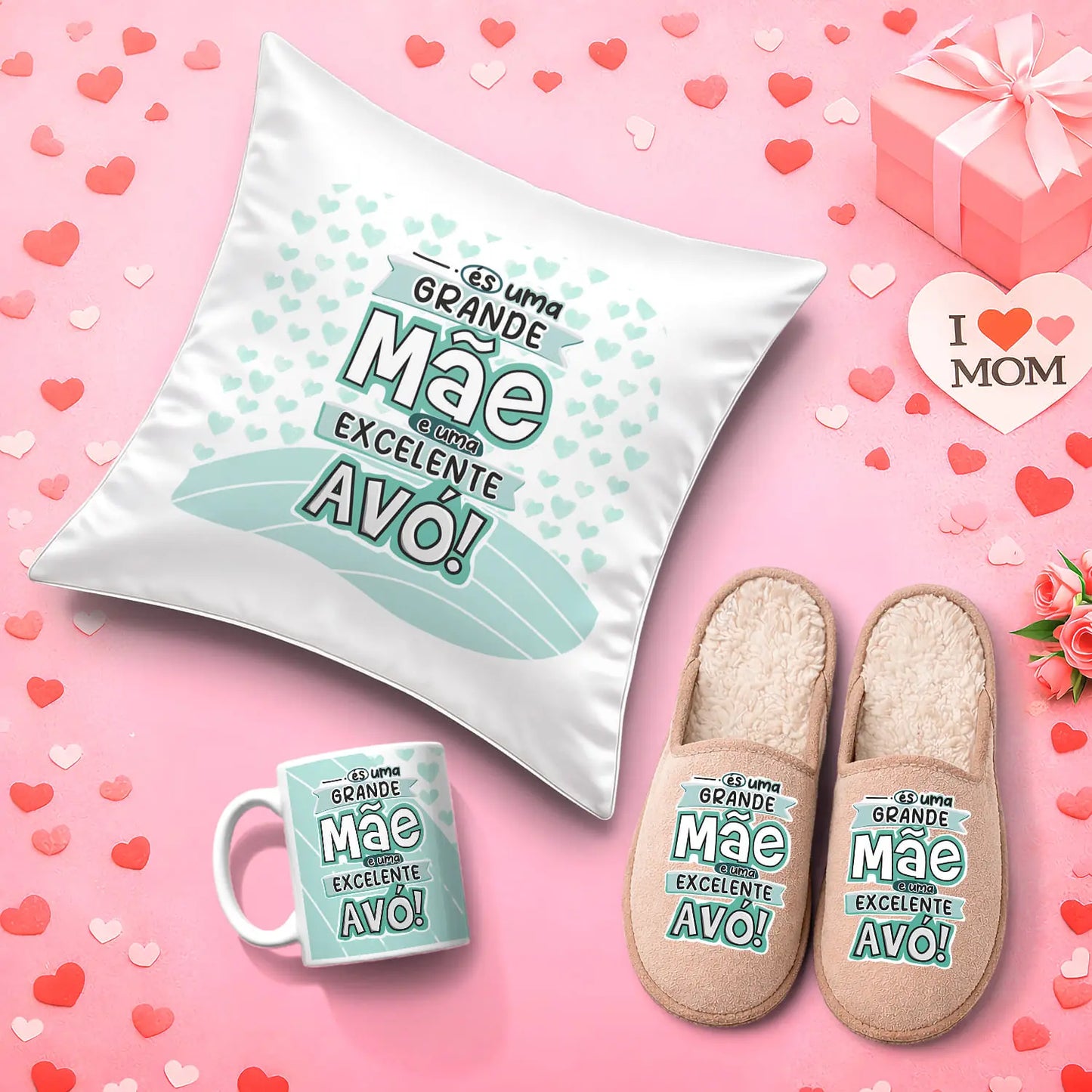 Conjunto Almofada + Chinelos + Caneca "Grande Mãe - Excelente Avó"