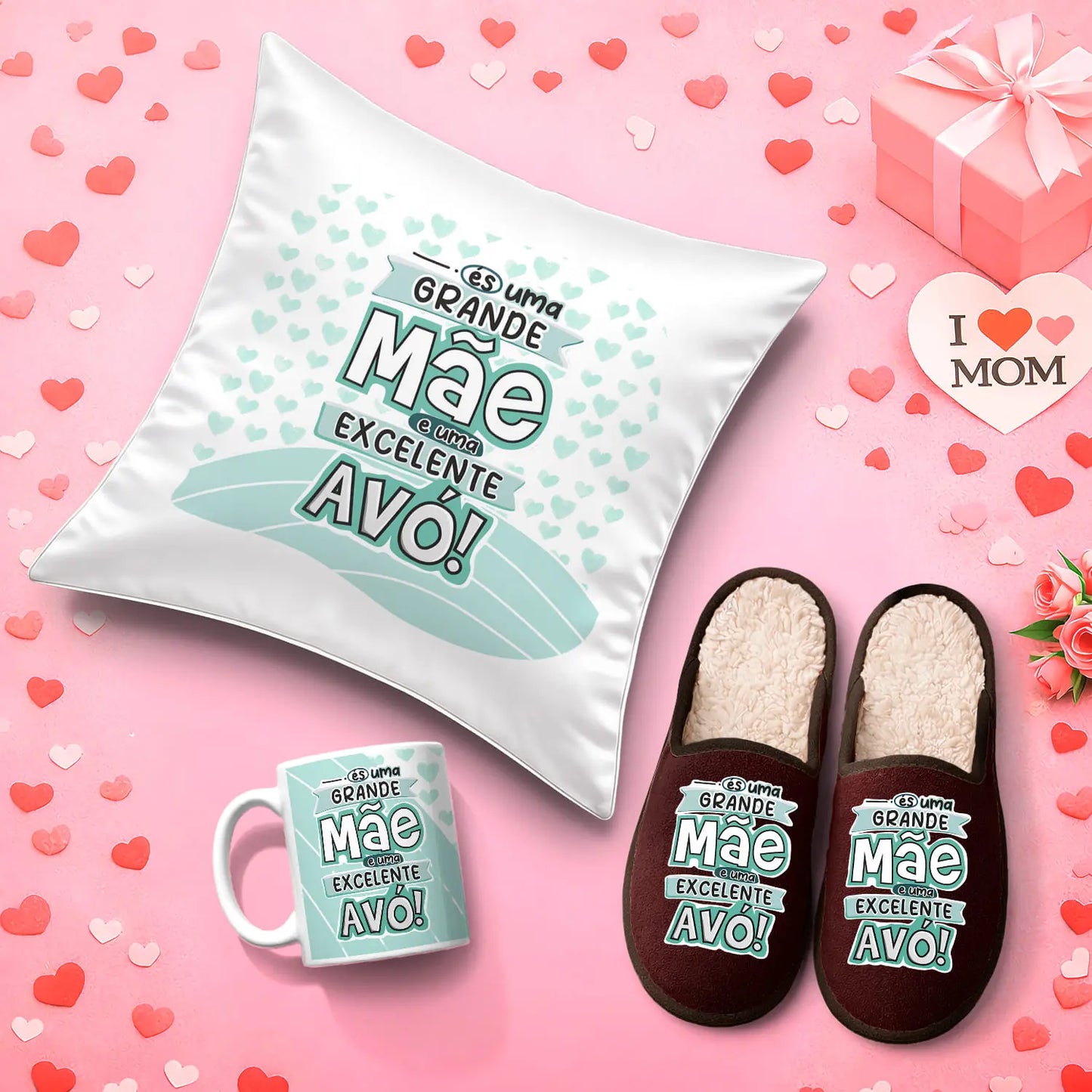 Conjunto Almofada + Chinelos + Caneca "Grande Mãe - Excelente Avó"