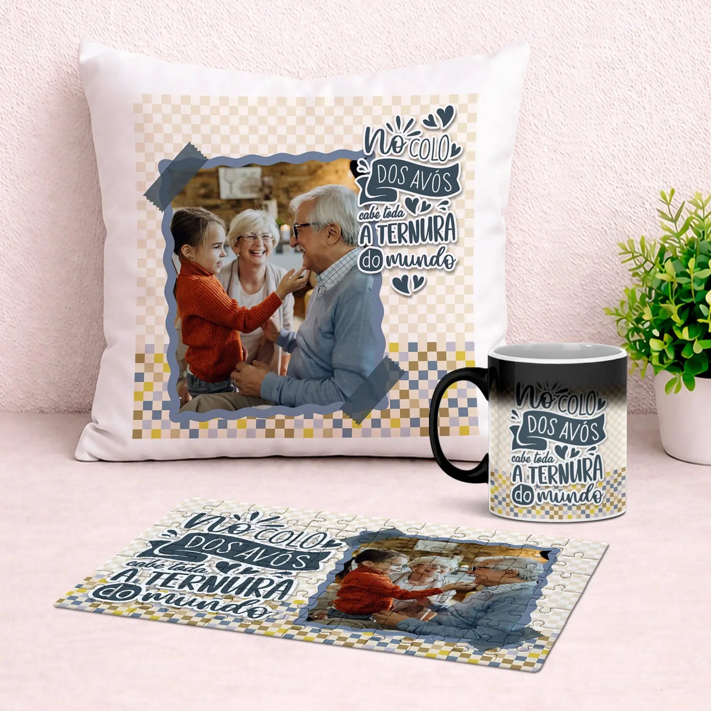 Conjunto "Ternura" - Almofada, Puzzle e Caneca Mágica