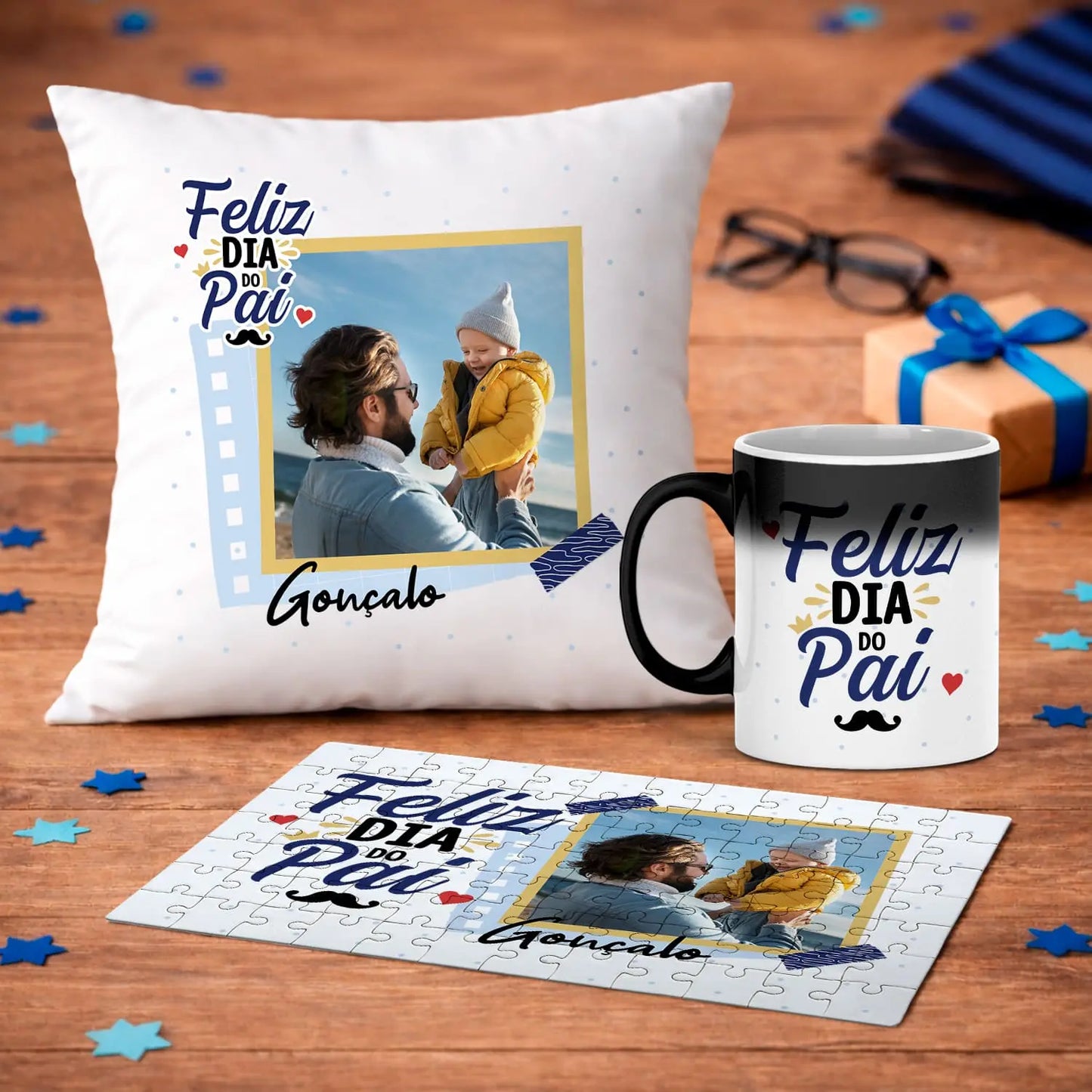 Conjunto "Feliz dia do pai" - Almofada, Puzzle e Caneca Mágica