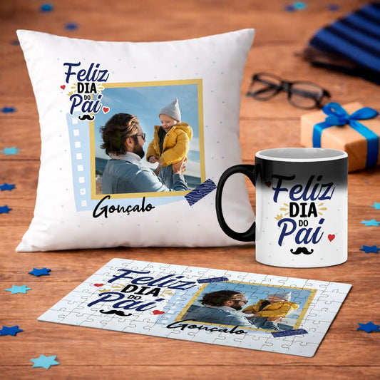 Conjunto "Feliz dia do pai" - Almofada, Puzzle e Caneca Mágica