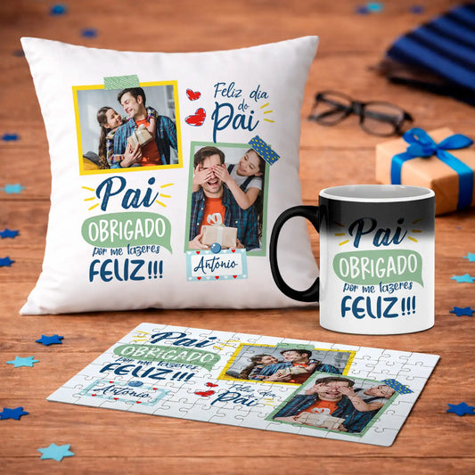 Conjunto "Obrigado - Feliz dia do pai" - Almofada, Puzzle e Caneca Mágica