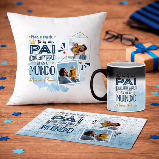 Conjunto "Tu és o mundo" - Almofada, Puzzle e Caneca Mágica