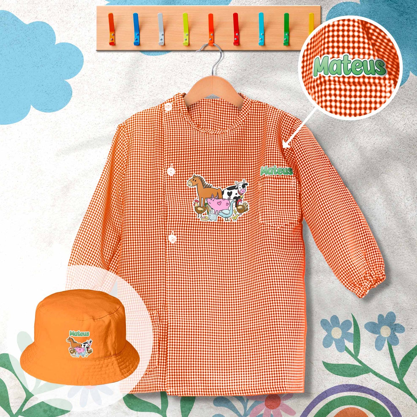 conjunto de bata escolar e panamá personalizado com nome tema animais da quinta