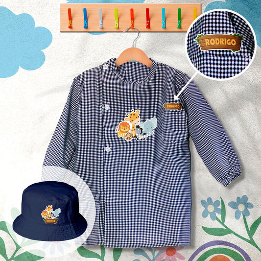 conjunto de bata escolar e panamá personalizado com nome tema animais da selva