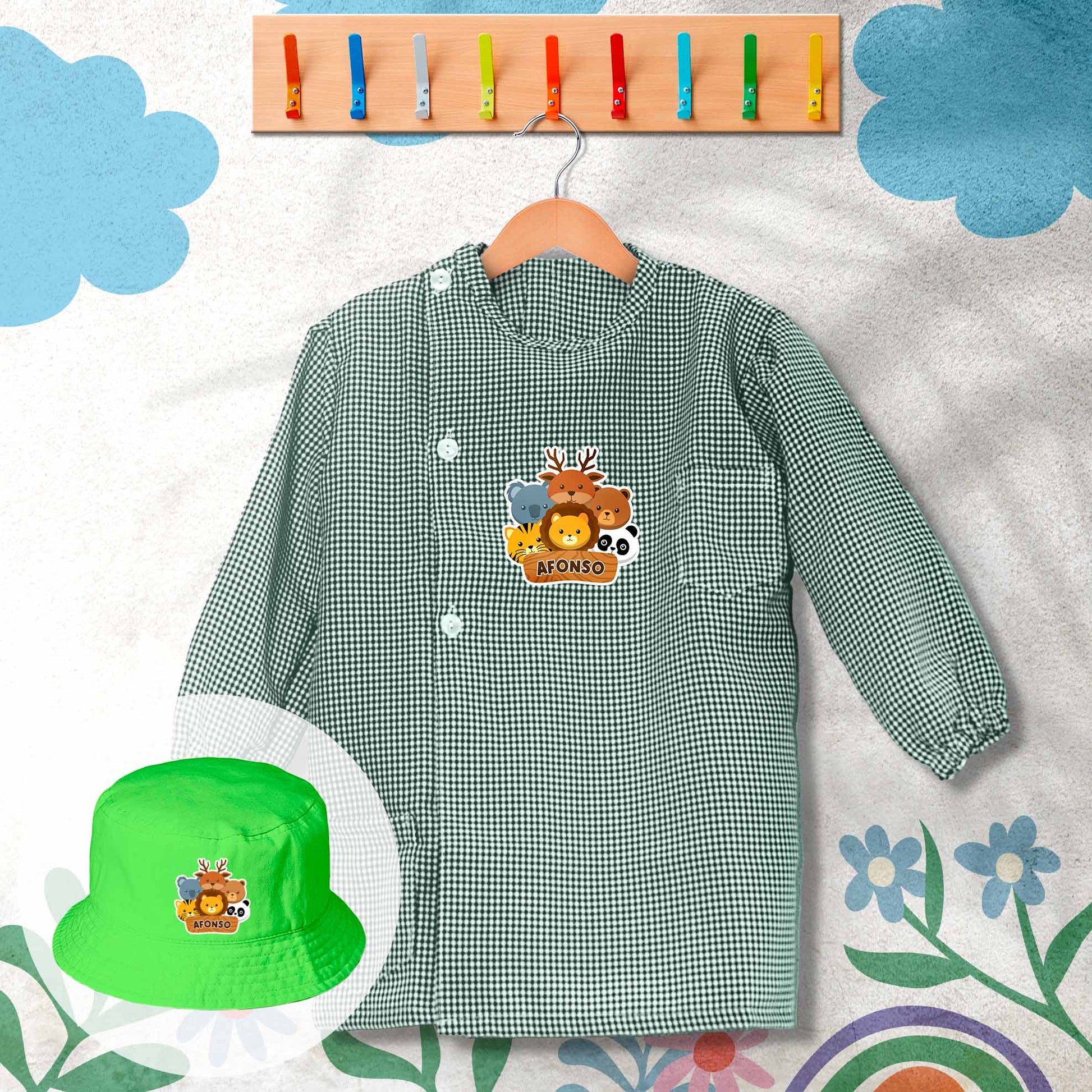 conjunto de bata escolar e panamá personalizado com nome tema animais