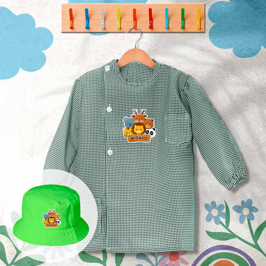conjunto de bata escolar e panamá personalizado com nome tema animais