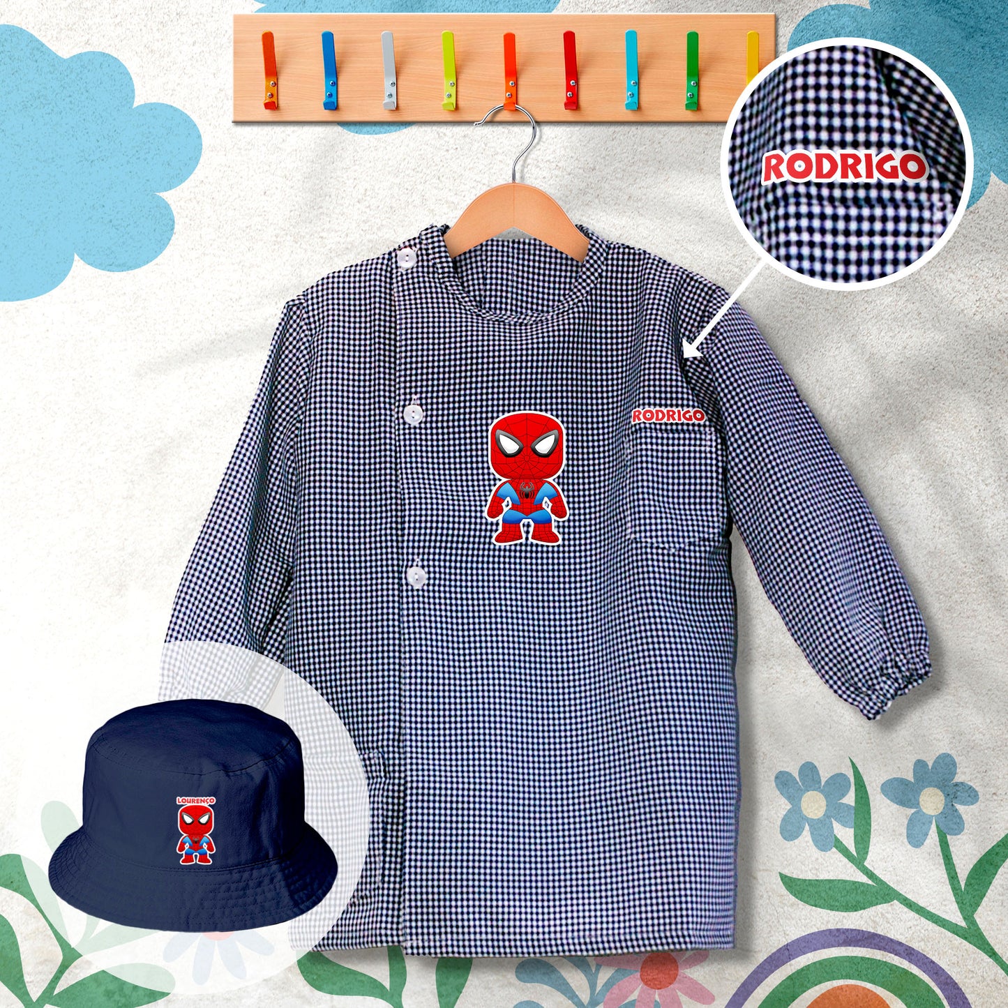 conjunto de bata escolar e panamá personalizado com nome tema super-herói aranha