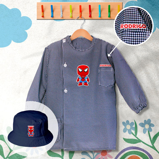 conjunto de bata escolar e panamá personalizado com nome tema super-herói aranha