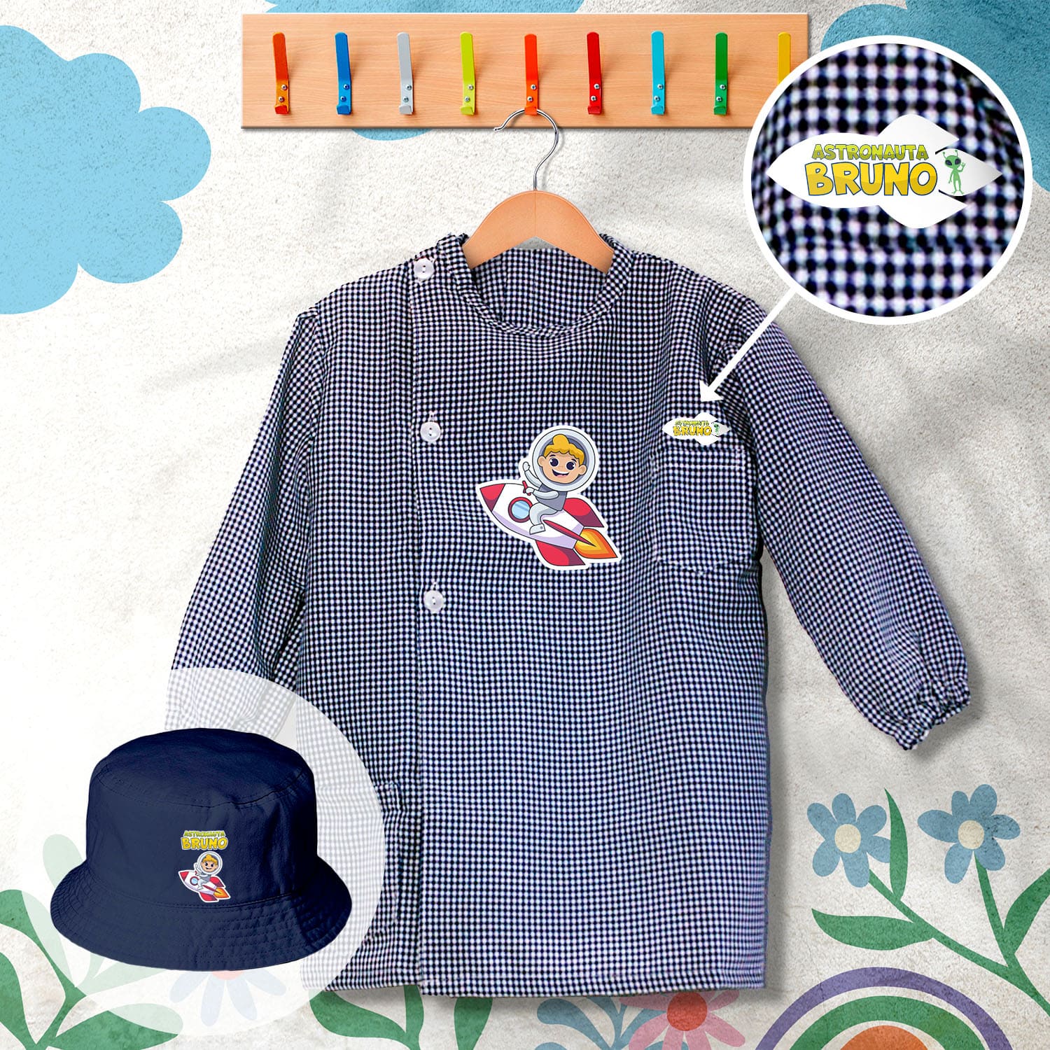 conjunto bata escolar e panamá personalizado com nome tema astronauta