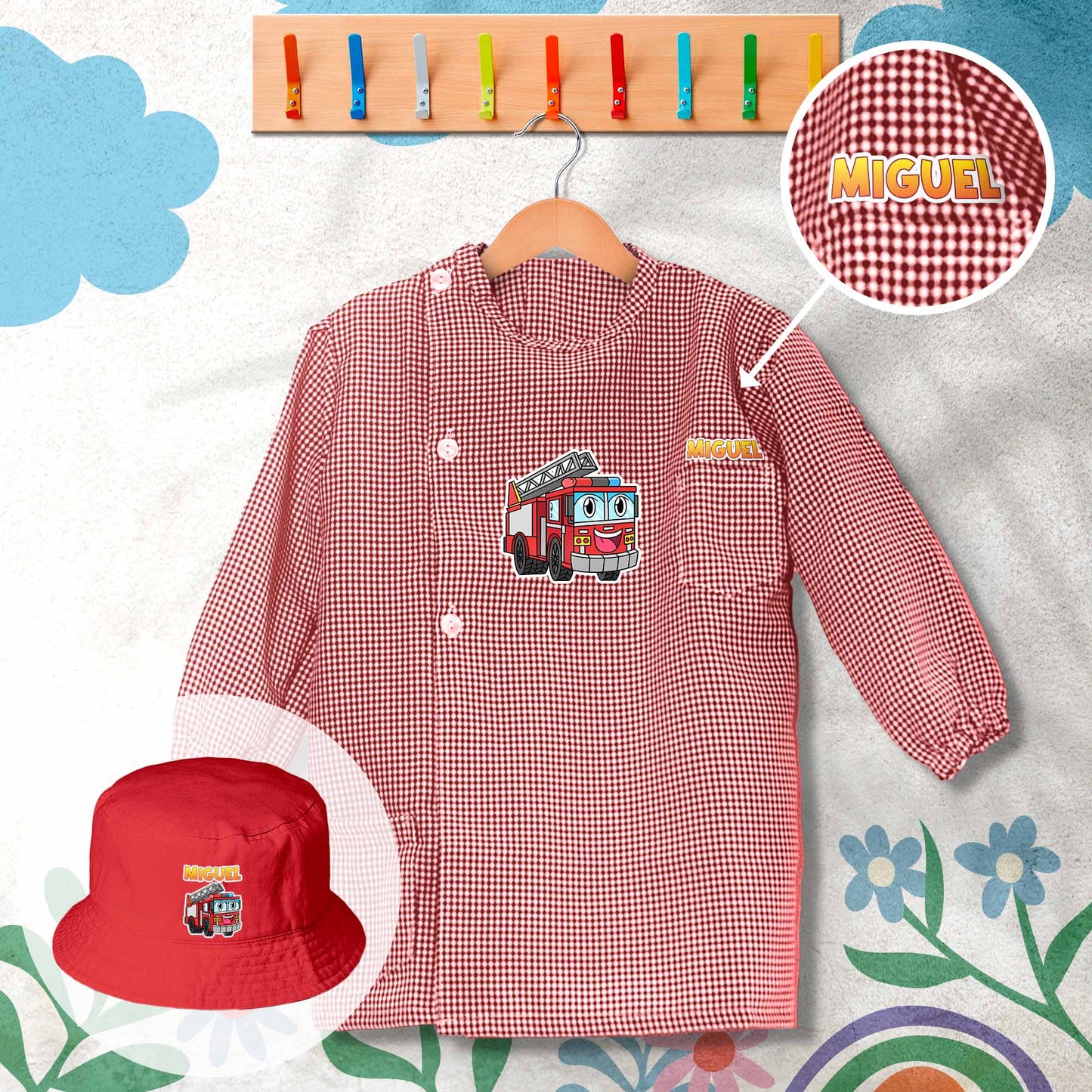 conjunto de bata escolar e panamá personalizado com nome tema bombeiros