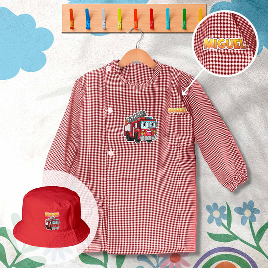 conjunto de bata escolar e panamá personalizado com nome tema bombeiros