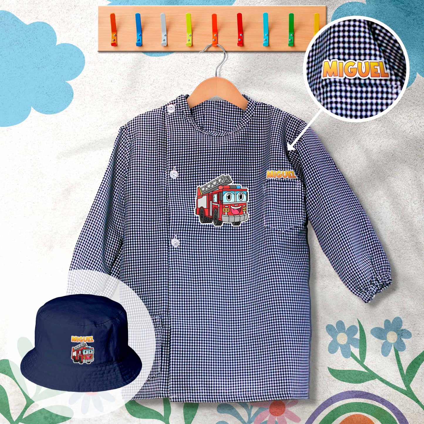 conjunto de bata escolar e panamá personalizado com nome tema bombeiros