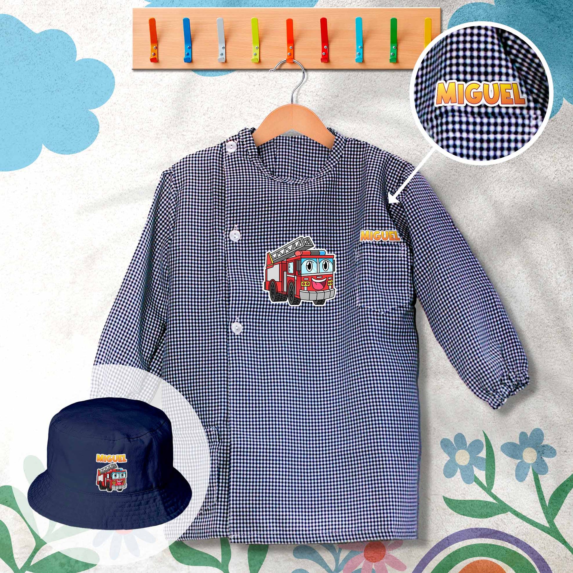 conjunto de bata escolar e panamá personalizado com nome tema bombeiros