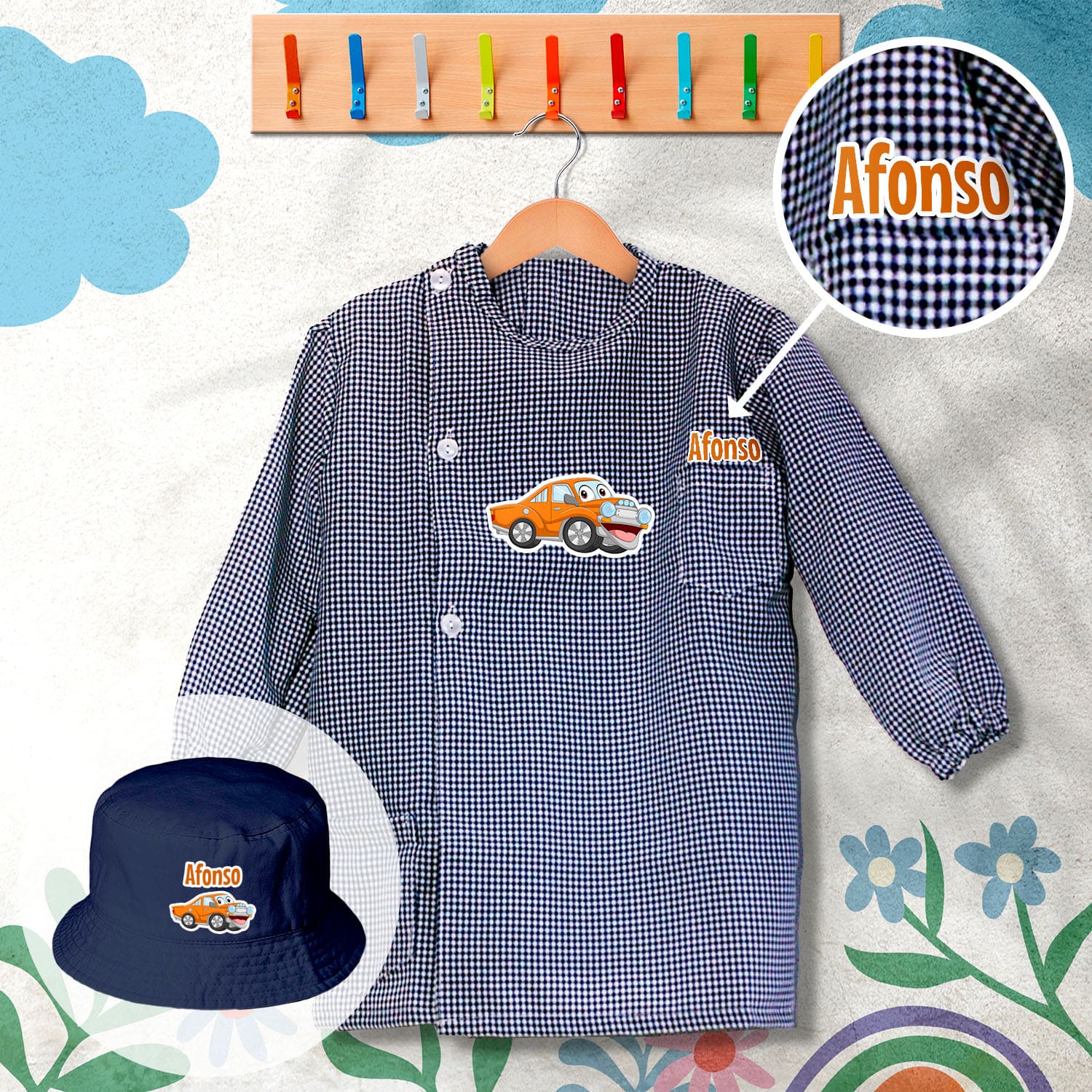 conjunto de bata escolar e panamá personalizado com nome tema carro