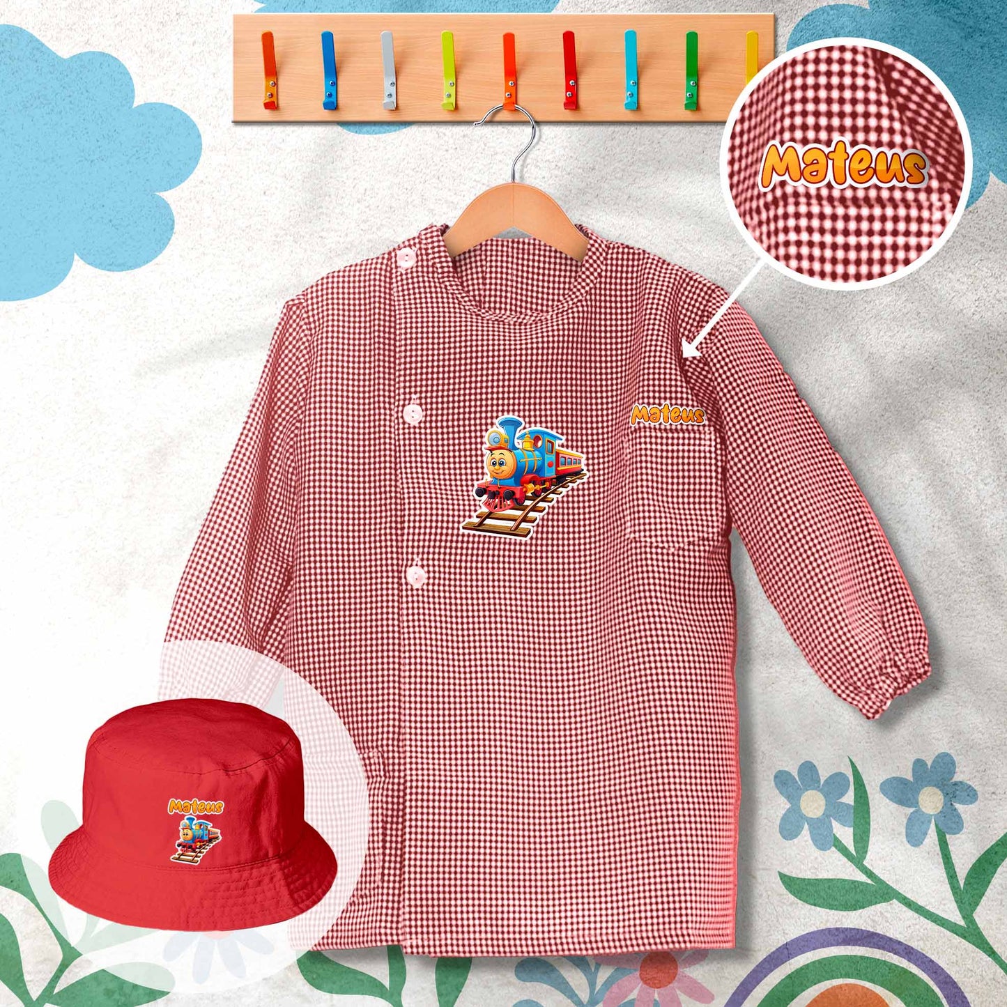 conjunto de bata escolar e panamá personalizado com nome tema comboio
