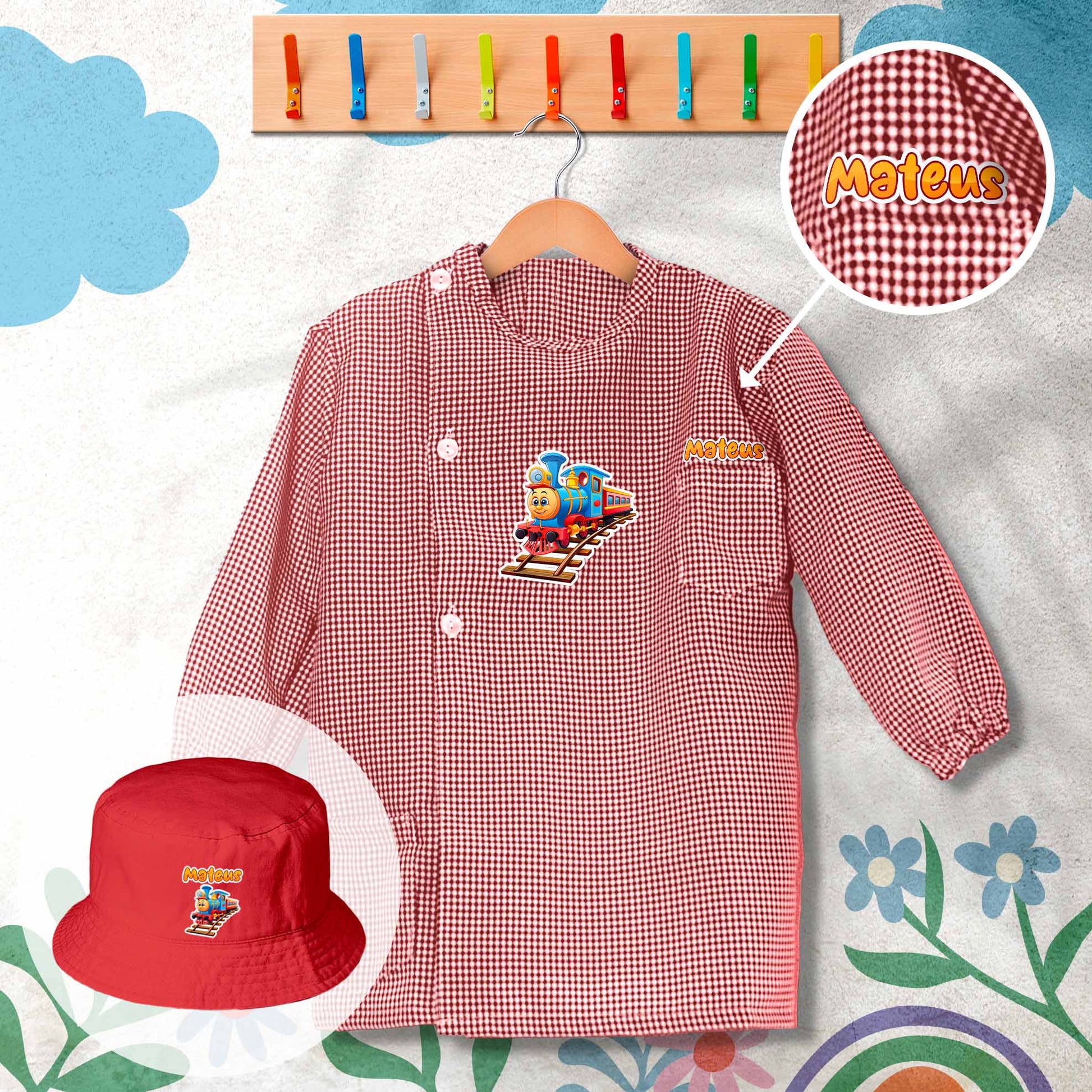 conjunto de bata escolar e panamá personalizado com nome tema comboio