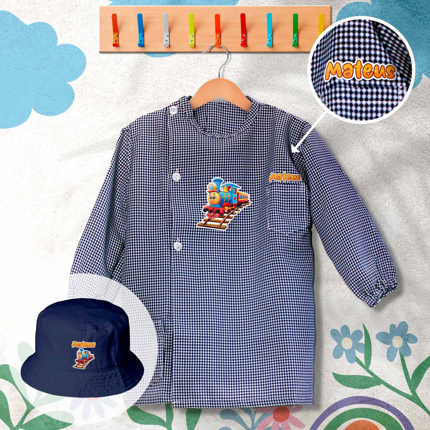 conjunto de bata escolar e panamá personalizado com nome tema comboio