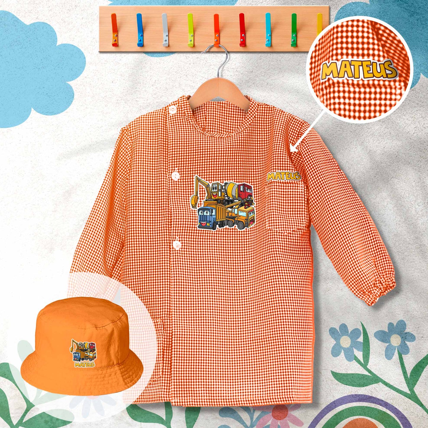 conjunto de bata escolar e panamá personalizado com nome tema construtores