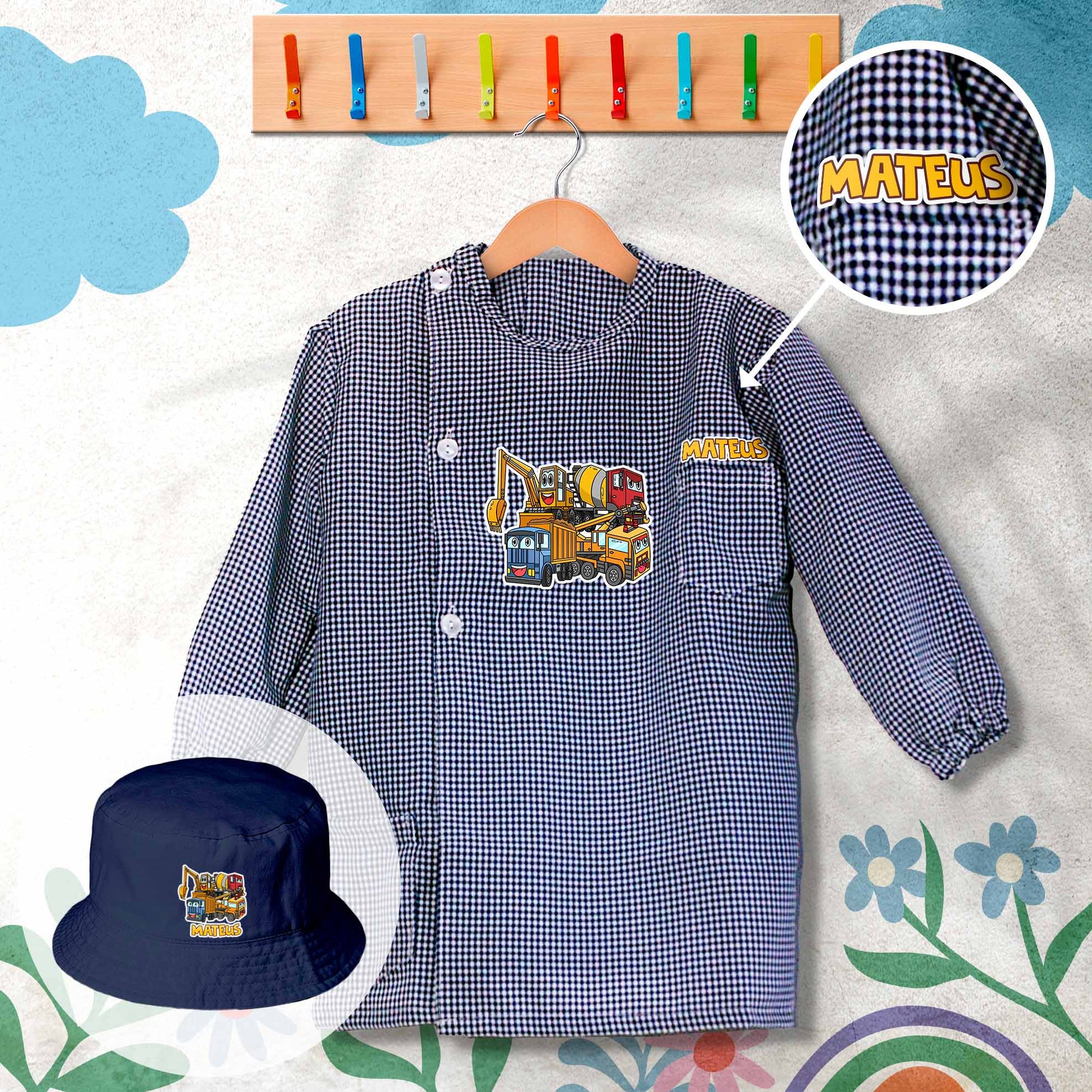 conjunto de bata escolar e panamá personalizado com nome tema construtores