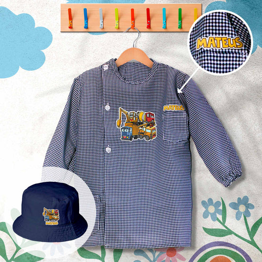 conjunto de bata escolar e panamá personalizado com nome tema construtores