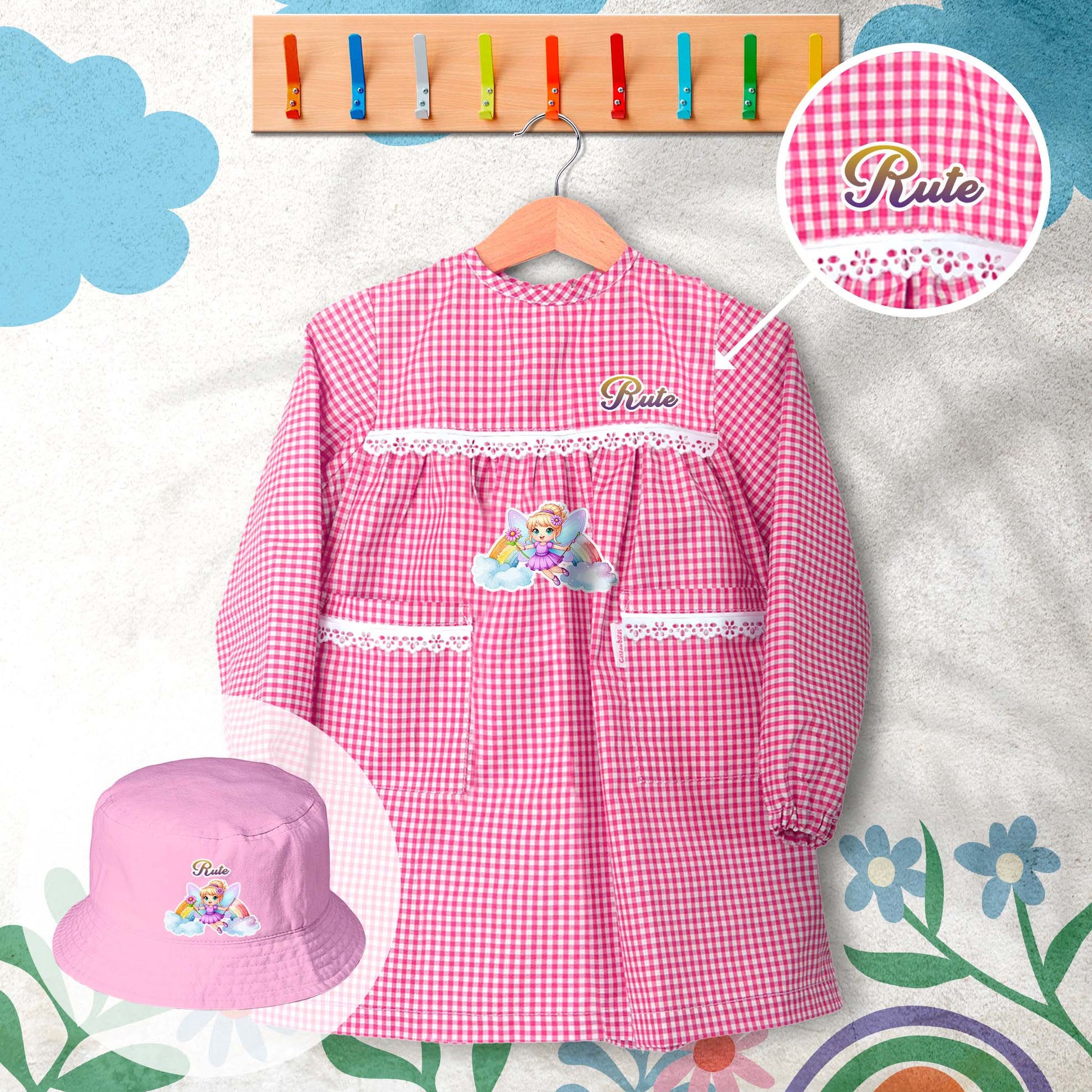 conjunto de bata escolar e panamá personalizado com nome tema fada