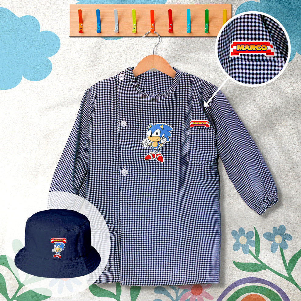 conjunto de bata escolar e panamá personalizado com nome tema sonic