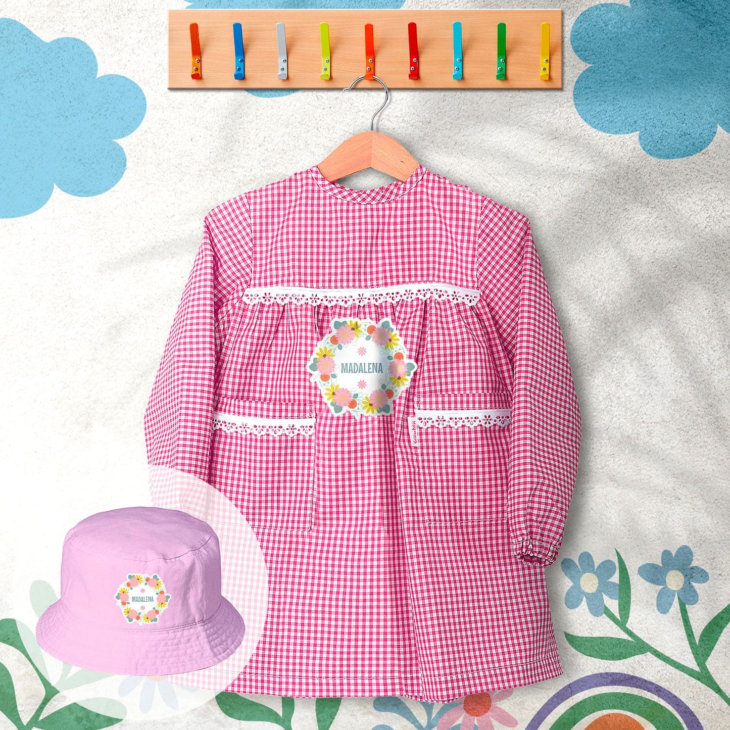 conjunto de bata escolar e panamá personalizado com nome tema flores