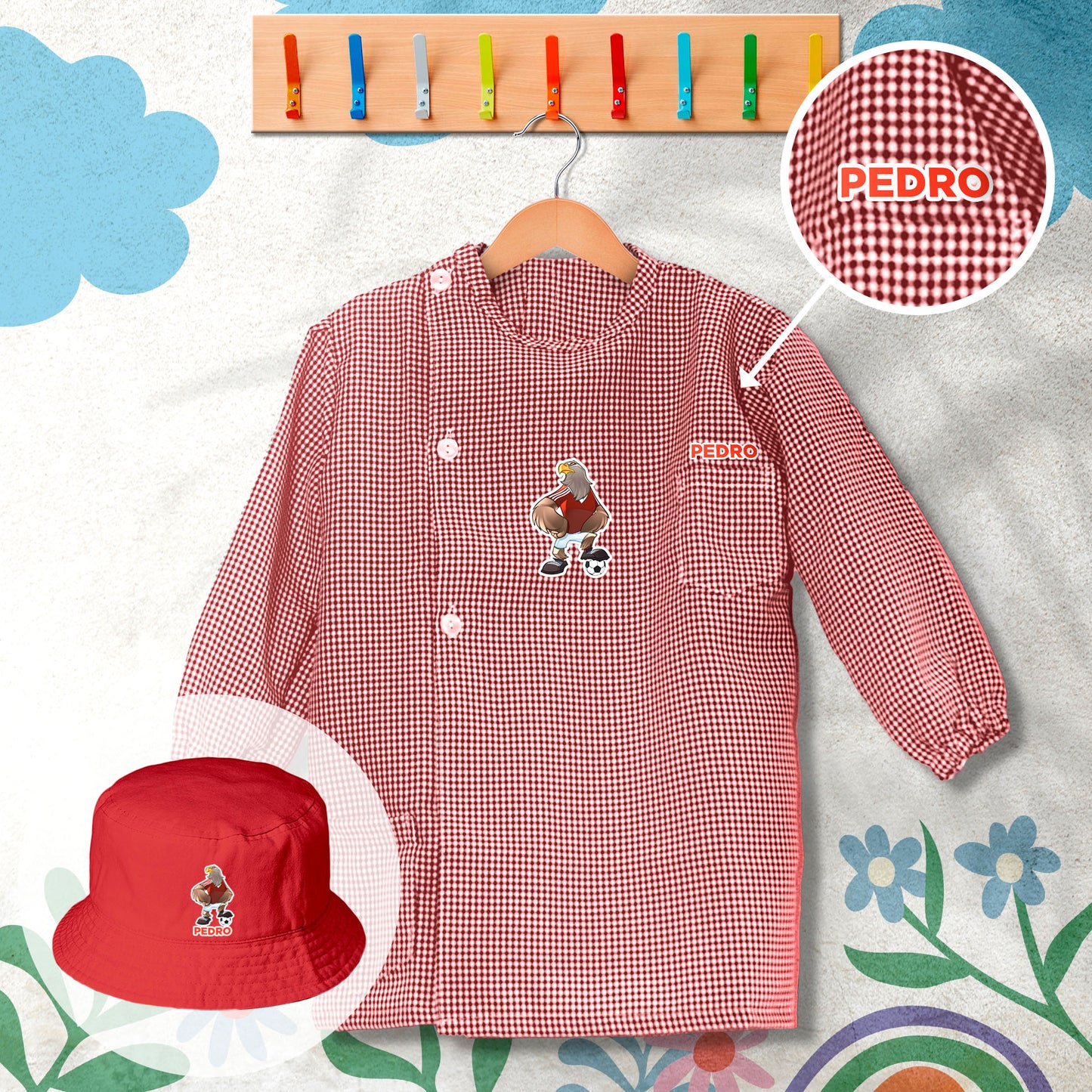 conjunto de bata escolar e panamá personalizado com nome tema futebol