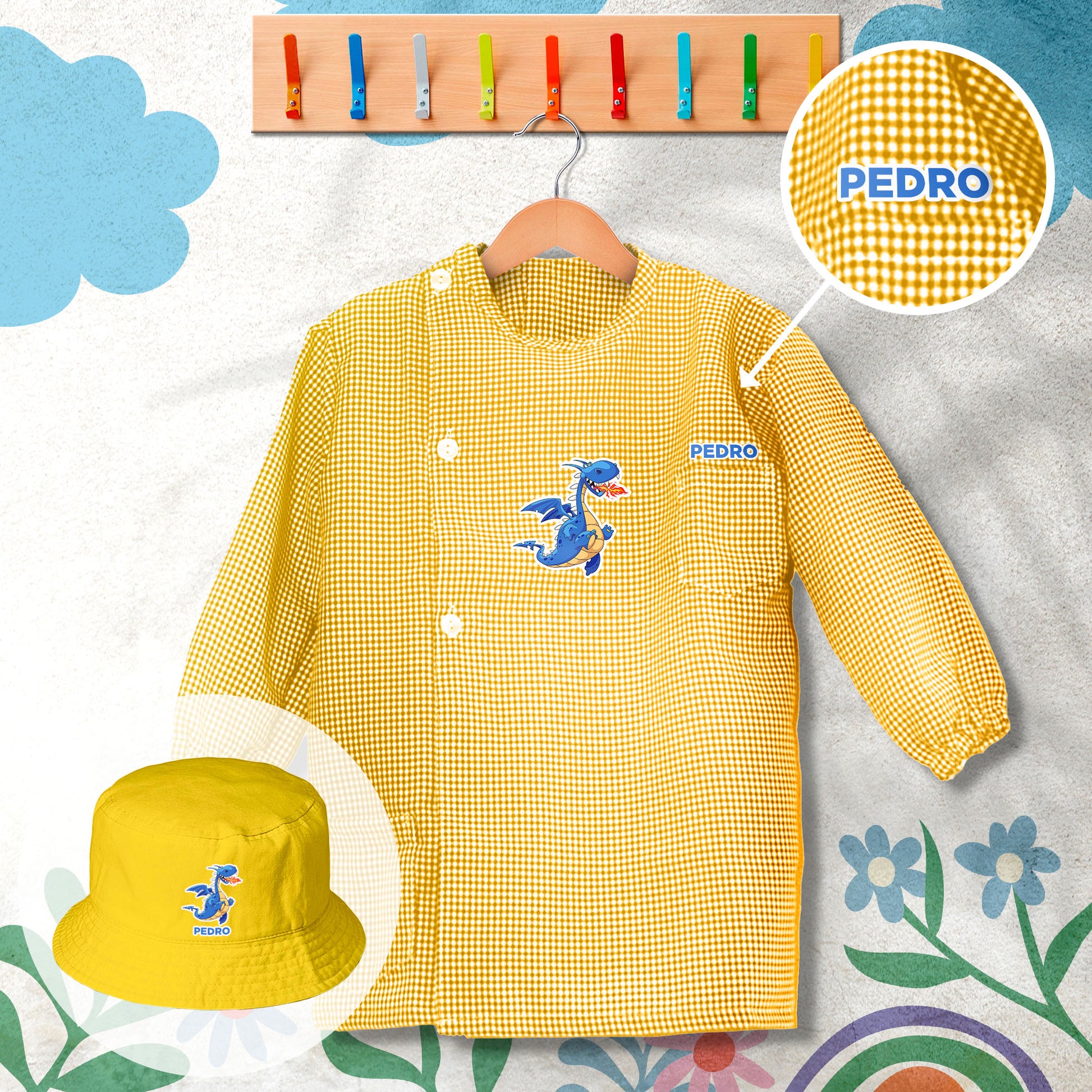conjunto de bata escolar e panamá personalizado com nome tema futebol