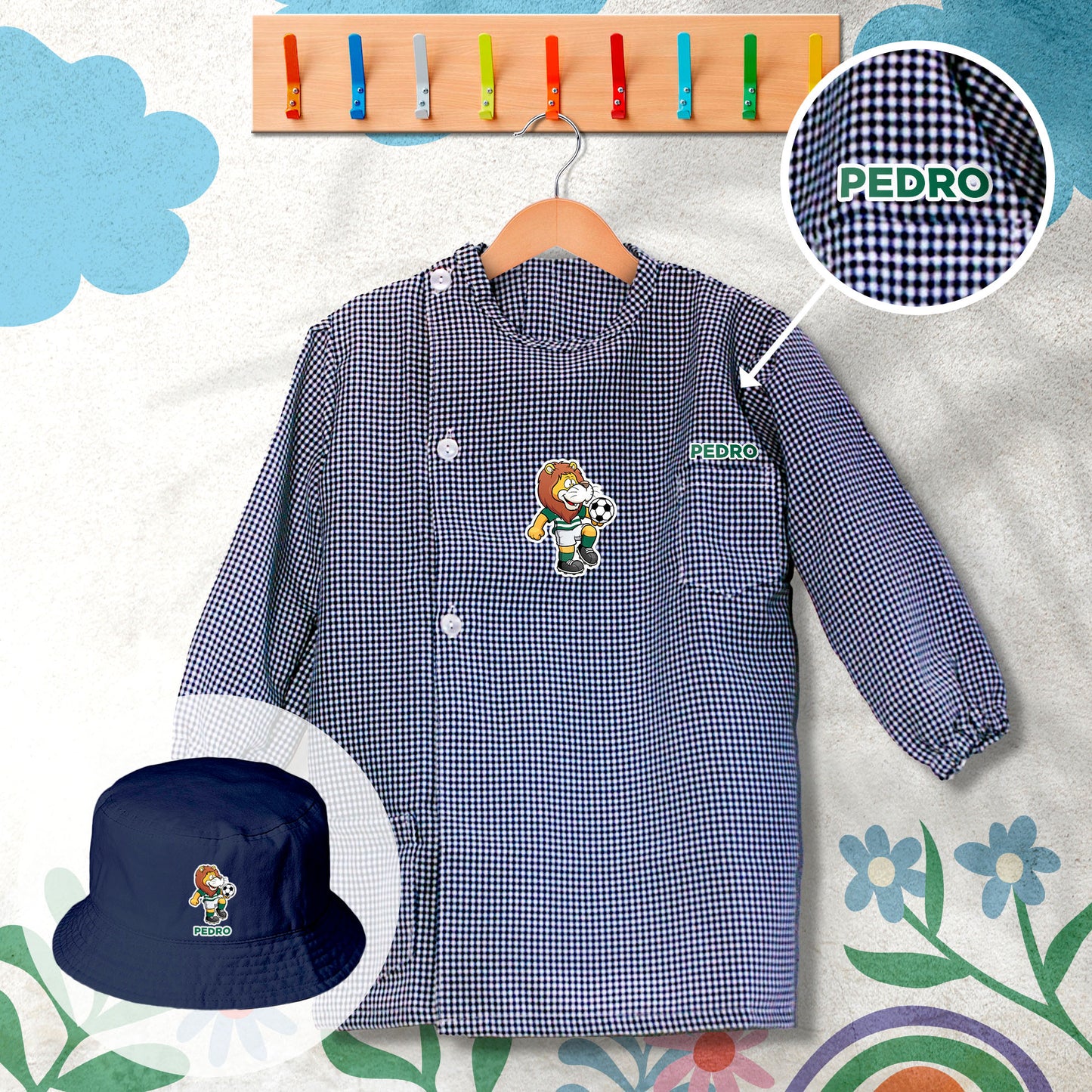 conjunto de bata escolar e panamá personalizado com nome tema futebol