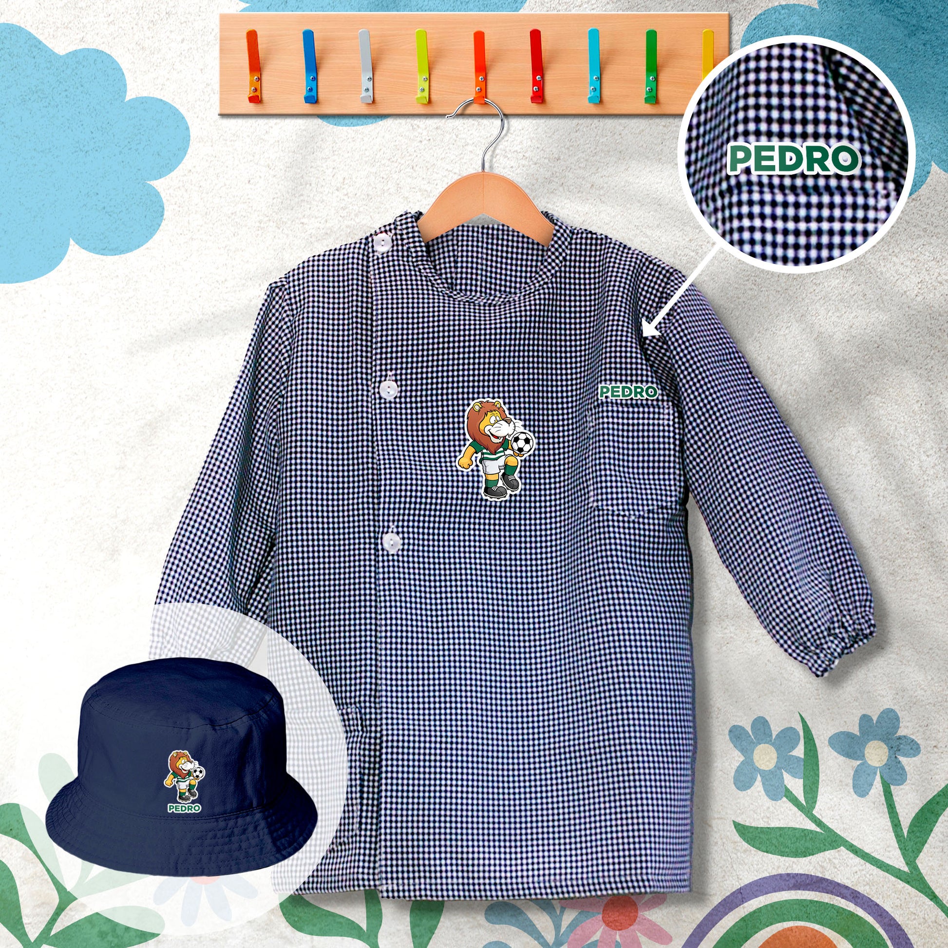 conjunto de bata escolar e panamá personalizado com nome tema futebol