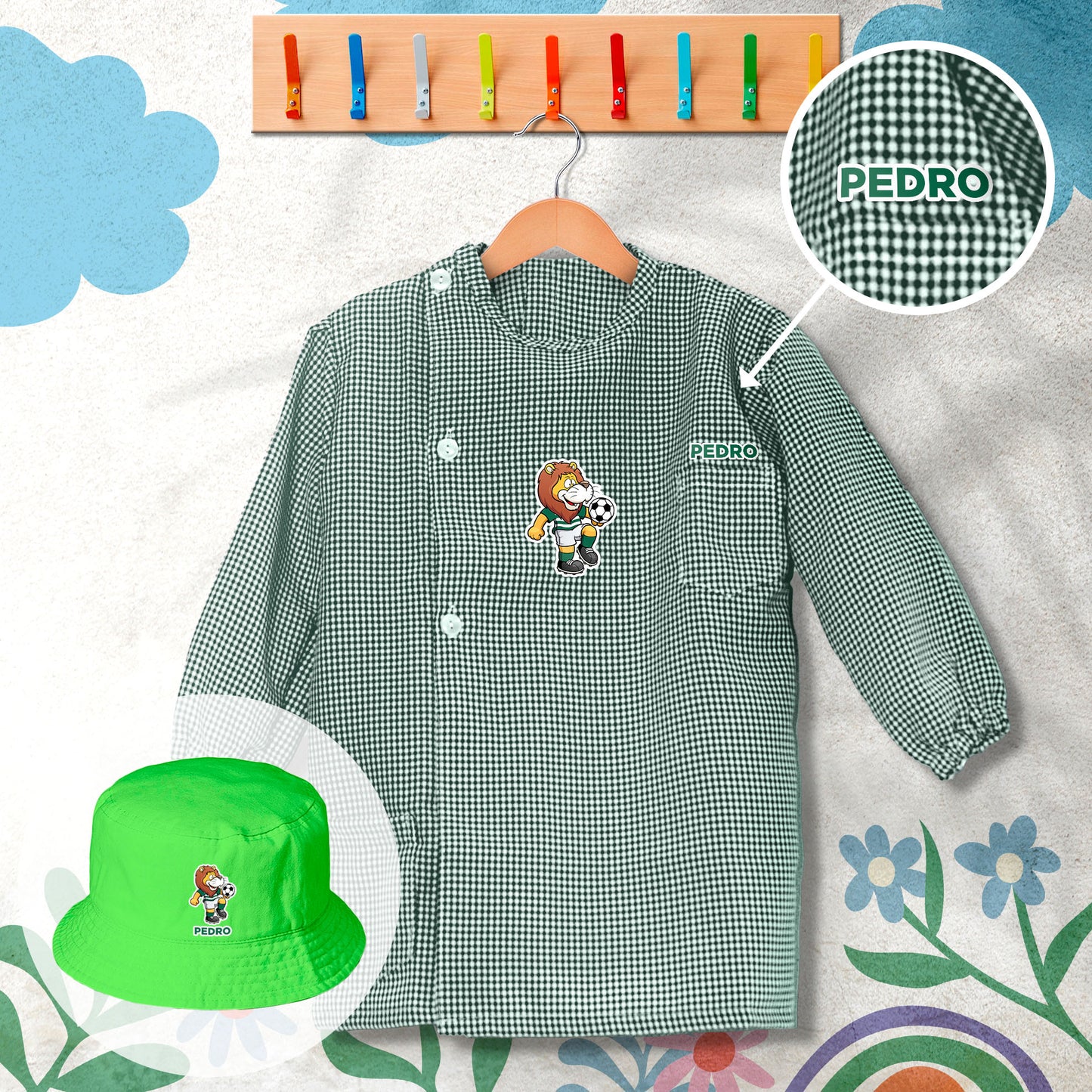 conjunto de bata escolar e panamá personalizado com nome tema futebol