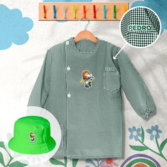 conjunto de bata escolar e panamá personalizado com nome tema futebol