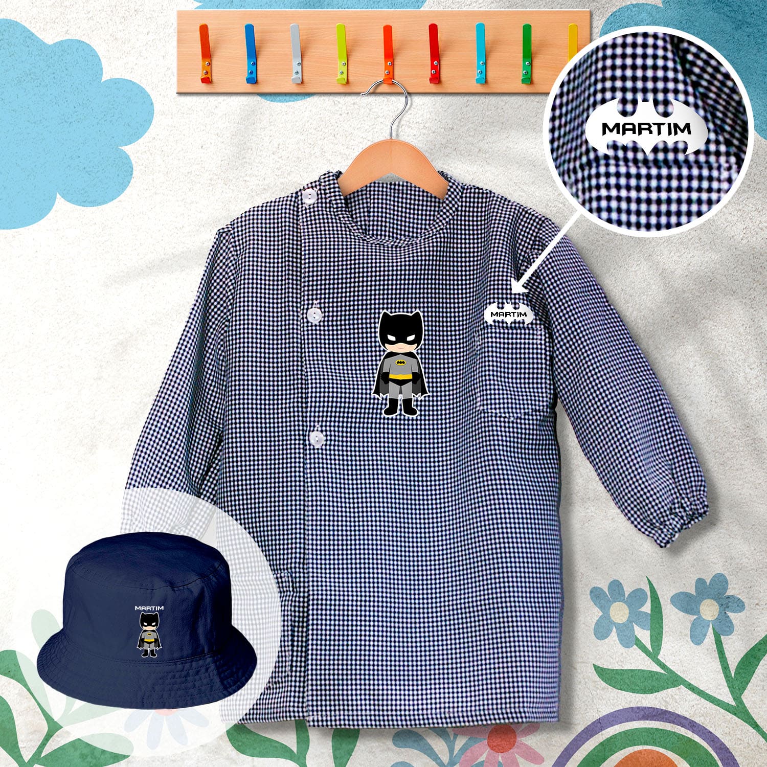 conjunto de bata escolar e panamá personalizado com nome tema super-herói