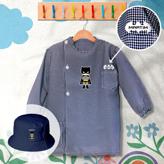 conjunto de bata escolar e panamá personalizado com nome tema super-herói