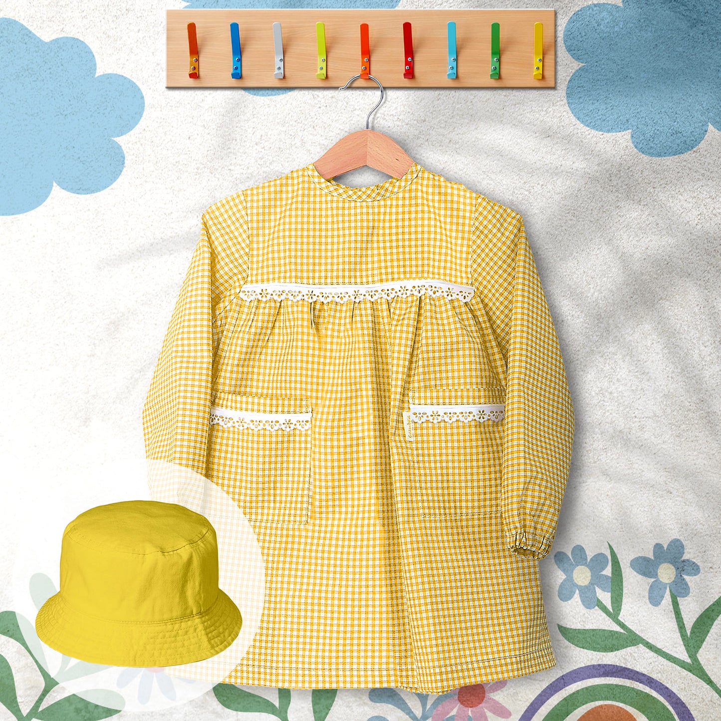 conjunto de bata escolar e panamá cor amarelo