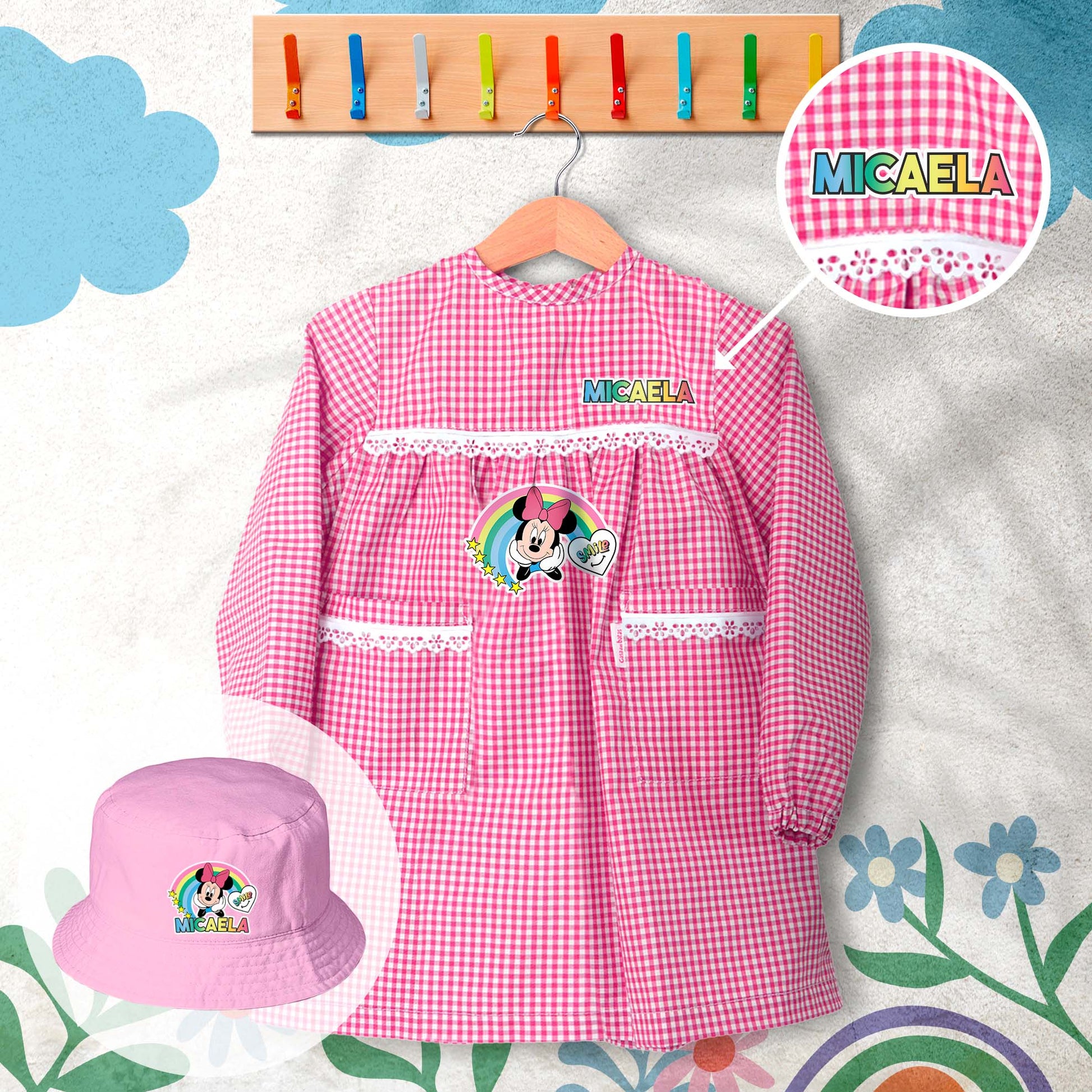 conjunto de bata escolar e panamá personalizado com nome tema minnie