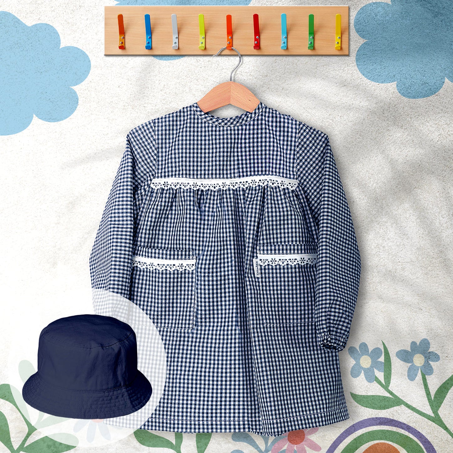 conjunto de bata escolar e panamá cor azul
