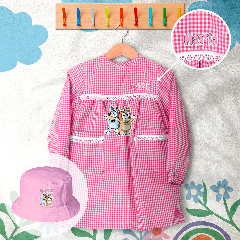 conjunto de bata escolar e panamá personalizado com nome tema bluey