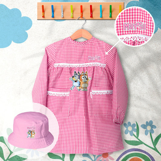 conjunto de bata escolar e panamá personalizado com nome tema bluey