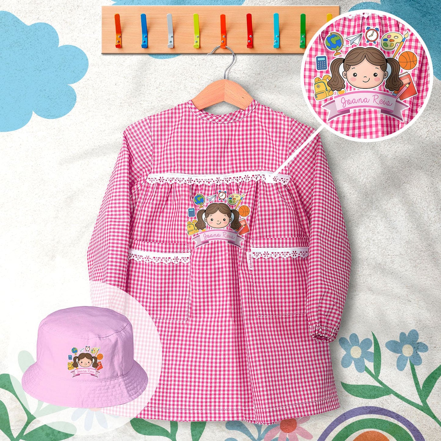 conjunto de bata escolar e panamá personalizado com nome