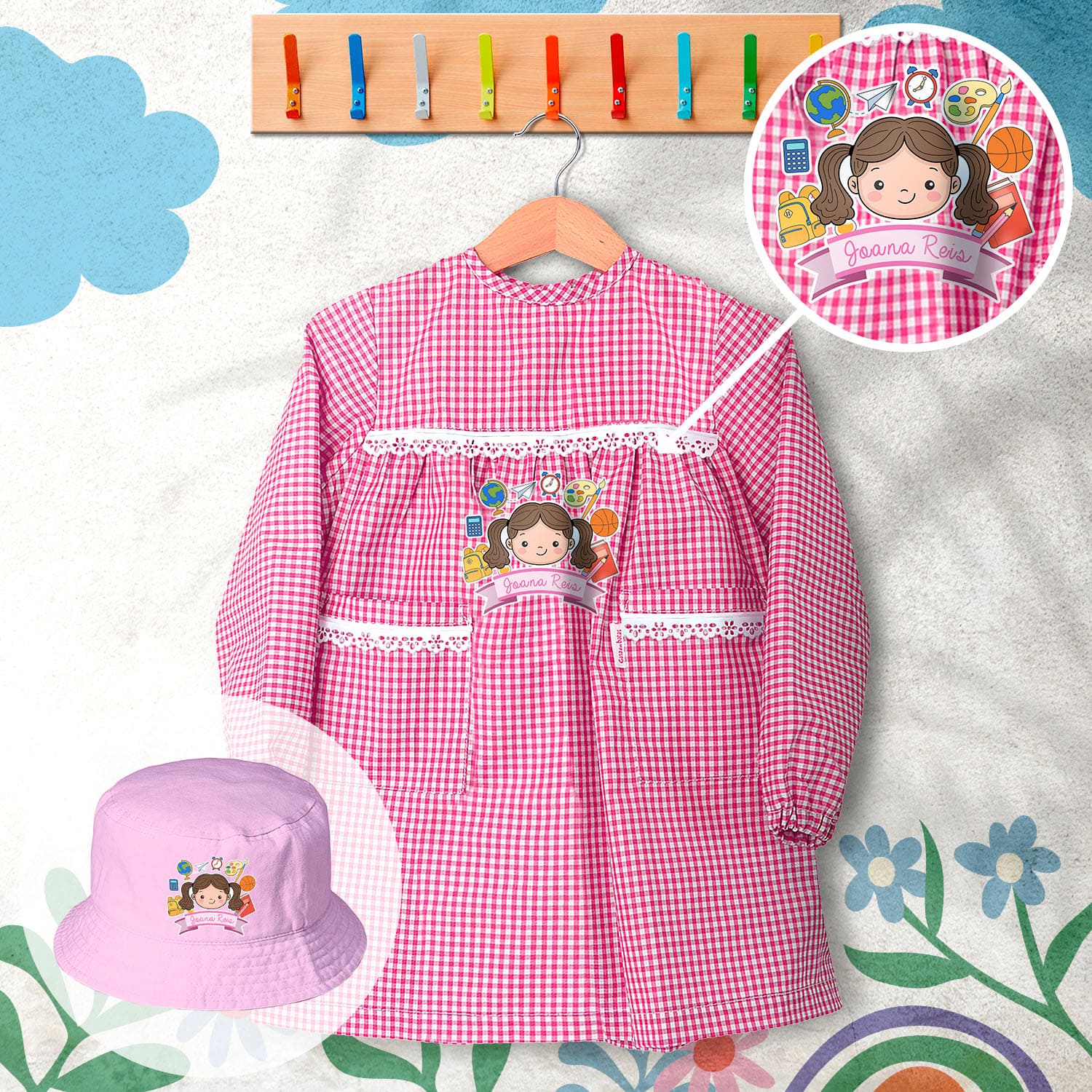 conjunto de bata escolar e panamá personalizado com nome