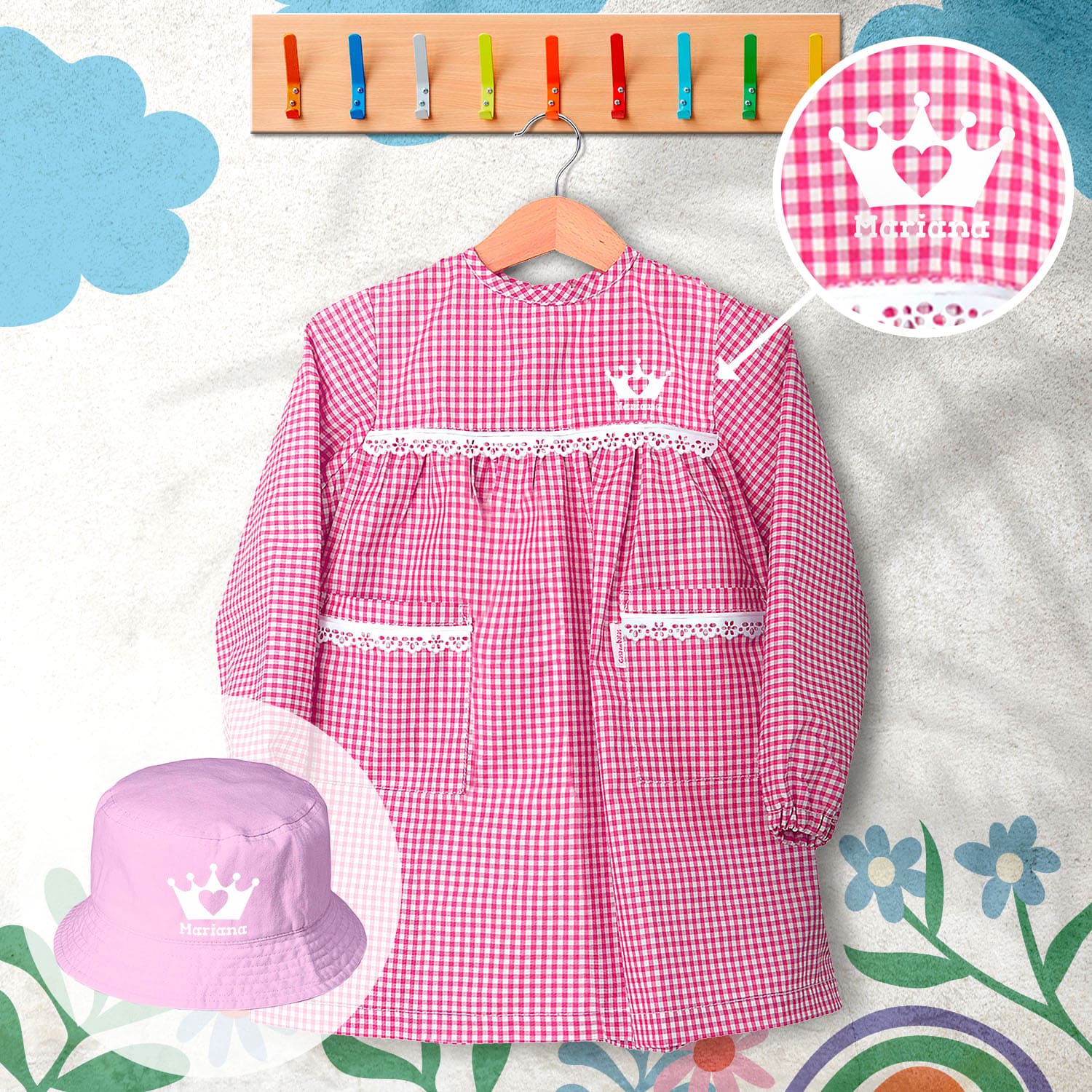conjunto de bata escolar e panamá personalizado com nome tema princesas