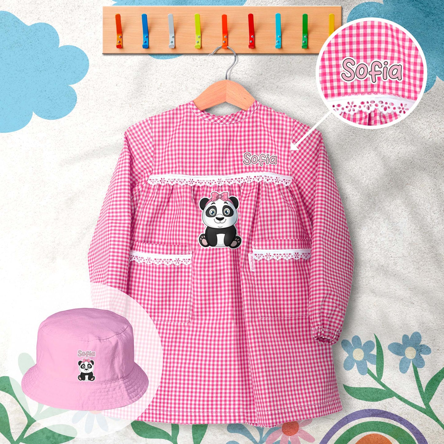 conjunto de bata escolar e panamá personalizado com nome tema panda