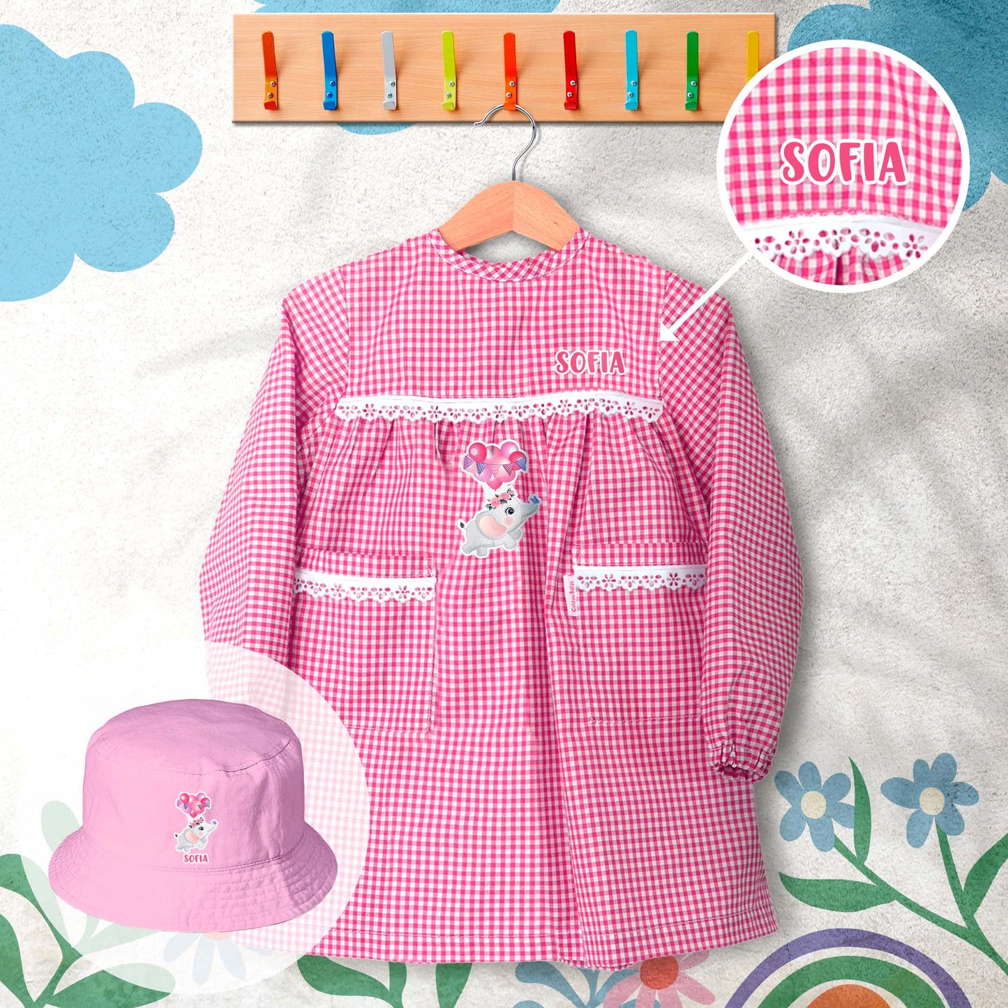 conjunto de bata escolar e panamá personalizado com nome tema elefante
