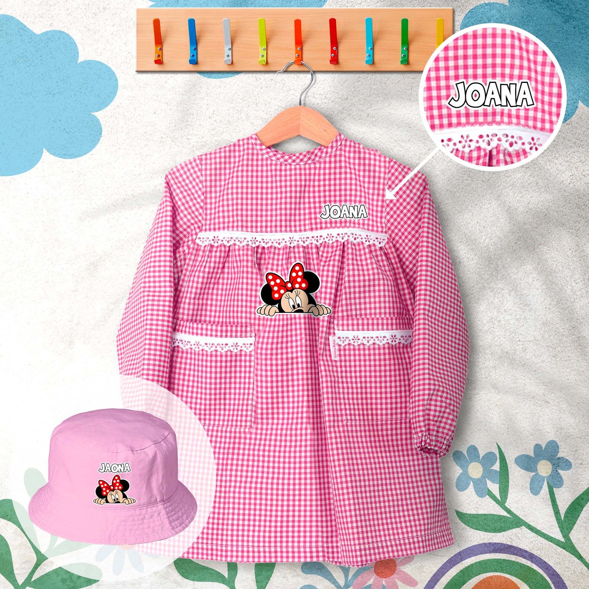 conjunto de bata escolar e panamá personalizado com nome tema minnie