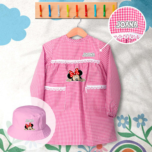 conjunto de bata escolar e panamá personalizado com nome tema minnie