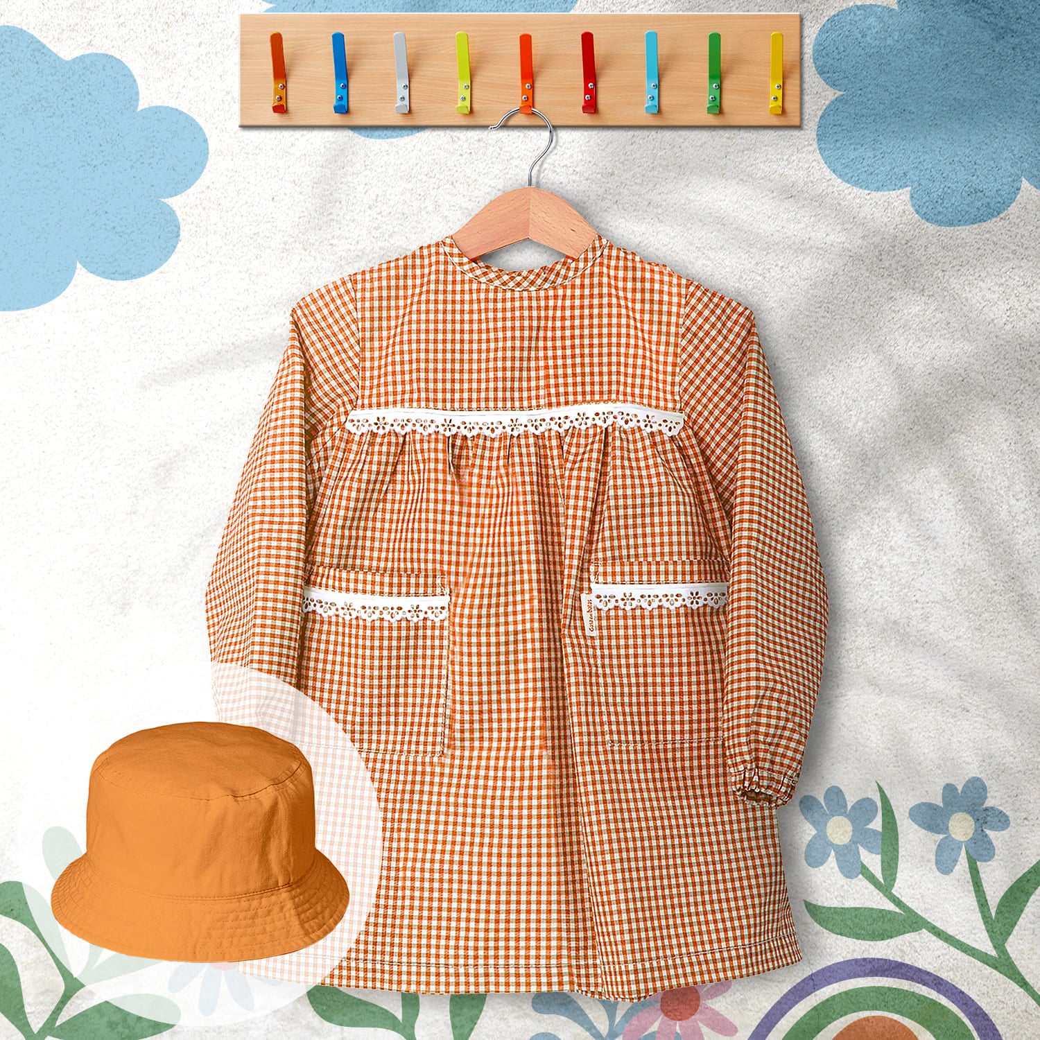 conjunto de bata escolar e panamá cor laranja